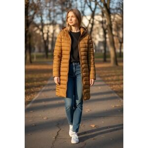 Fashion Nova Womens Longline Puffer Jacket Hooded Mustard Brown Small Coat